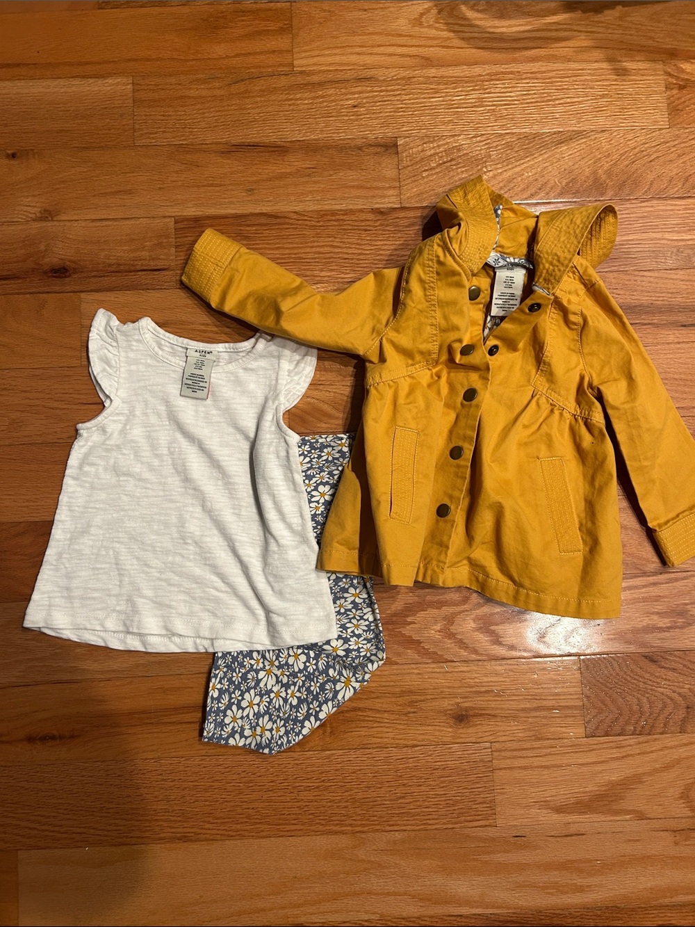 Kids Matching Set - Mustard Hooded Jacket with White Top and Floral Shorts